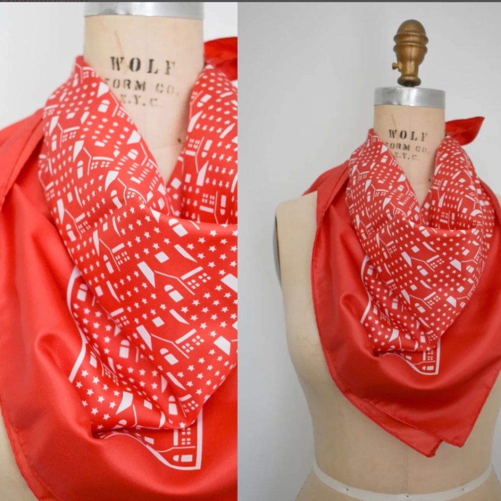 Vintage 1970s BAAR & BEARDS Red & White House & Stars Print Scarf/Scarve Silky